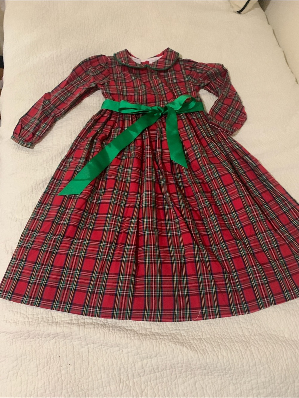 Red Plaid Long-Sleeve Holiday Dress with Green Sash - Kids
